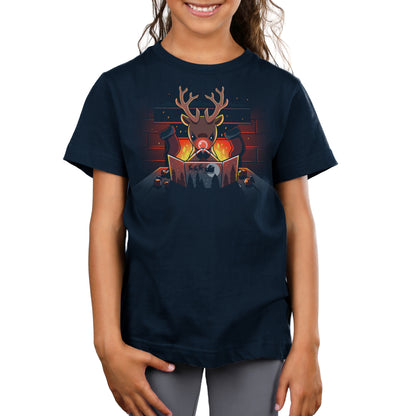 A young girl wearing a monsterdigital Reindeer Game Master super soft ringspun cotton navy blue T-shirt with an illustration of a Reindeer Game Master roasting marshmallows over a campfire.