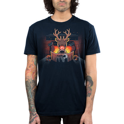 Person wearing a super soft ringspun cotton, navy blue monsterdigital Reindeer Game Master t-shirt featuring a graphic of a reindeer reading a book in front of a fireplace.