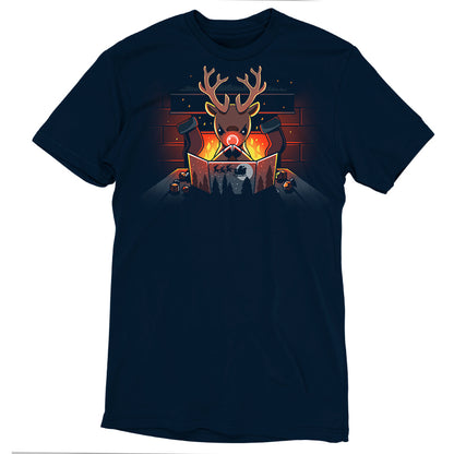 Navy blue t-shirt featuring a graphic of a Reindeer Game Master by monsterdigital reading a book by the fireplace, with a night sky and forest scene on the cover, crafted from super soft ringspun cotton.