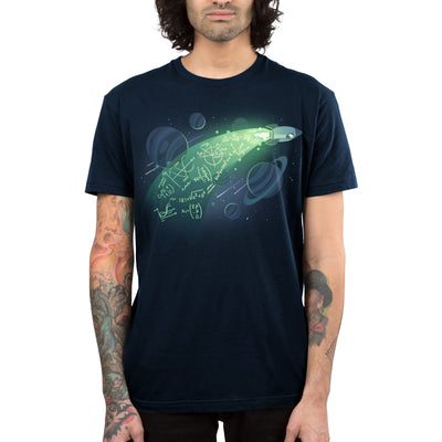 Premium Cotton T-shirt_TeeTurtle navy blue apparel featuring a rocket in space with physics equations in its trail.