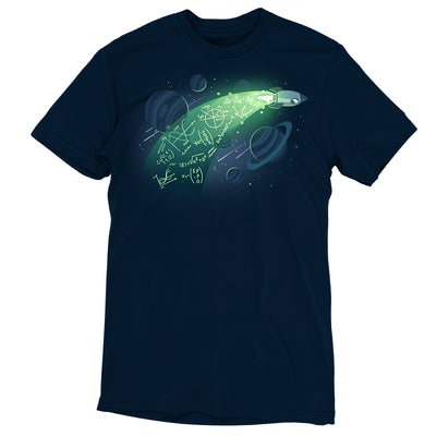 Premium Cotton T-shirt_TeeTurtle navy blue apparel featuring a rocket in space with physics equations in its trail.