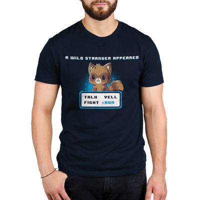 Premium Cotton T-shirt_TeeTurtle navy blue A Wild Stranger Appeared featuring a Raccoon beneath the words 'A Wild Stranger Appeared' with a RPG input screen with 'Talk, Yell, Fight, Run' beneath with 'Run' selected.