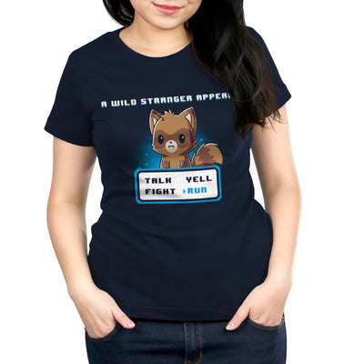 Premium Cotton T-shirt_TeeTurtle navy blue A Wild Stranger Appeared featuring a Raccoon beneath the words 'A Wild Stranger Appeared' with a RPG input screen with 'Talk, Yell, Fight, Run' beneath with 'Run' selected.