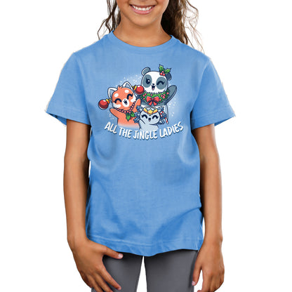 Premium Cotton T-shirt_TeeTurtle light blue All the Jingle Ladies apparel featuring a panda, red panda, and an axolotl wearing Christmas ornaments like jewelry.