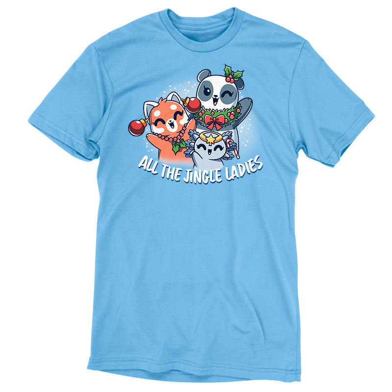 Premium Cotton T-shirt_TeeTurtle light blue All the Jingle Ladies apparel featuring a panda, red panda, and an axolotl wearing Christmas ornaments like jewelry.