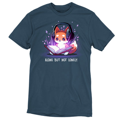 Premium Cotton T-shirt_TeeTurtle denim blue Alone But Not Lonely featuring an introverted fox sitting down with a book and headphones.