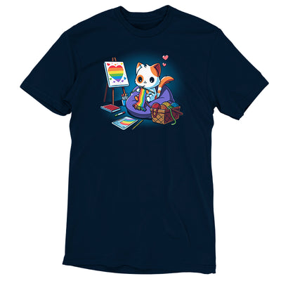 Premium Cotton T-shirt_TeeTurtle navy blue Arts and Crafts and Rainbows apparel featuring a cat knitting rainbow scarf, surrounded by a basket of rainbow yarn, rainbow notebook, and easel with rainbow artwork.