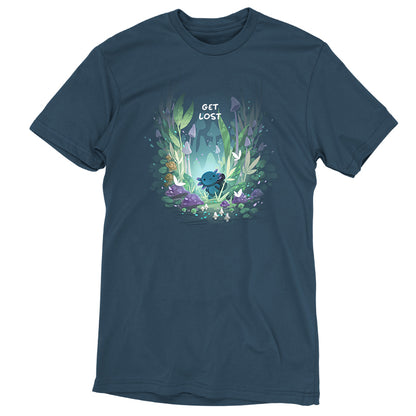 Axolotl Explorer t-shirt with a graphic of a whimsical forest and a creature, featuring the phrase "get lost" in a playful font by monsterdigital.