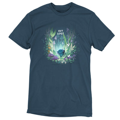Premium Cotton T-shirt_TeeTurtle Axolotl Explorer denim blue t-shirt featuring an axolotl surrounded by vibrant, mystical forest plants and mushrooms, with the phrase "get lost" at the top.