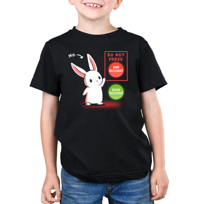 Premium Cotton T-shirt - A child wearing a monsterdigital Bad Decision Bunny black apparel featuring a cartoon rabbit, known as the Bad Decisions Bunny, pointing towards two buttons labeled "Bad Decisions" and "Good Decisions," with a caption reading "Me" above the rabbit.