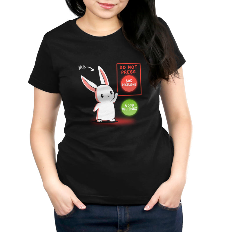 Premium Cotton T-shirt - A person is wearing a black Unisex apparelfeaturing the Bad Decision Bunny by monsterdigital, standing between buttons labeled "Bad Decisions" and "Good Decisions." The bunny is pointing to "Bad Decisions" with the text "Me" indicated. Crafted from super soft ringspun cotton, it's a playful yet comfortable choice.