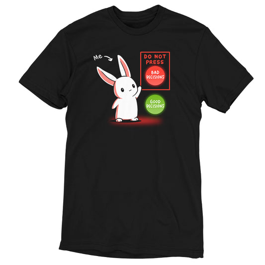 A super soft ringspun cotton unisex tee featuring the Bad Decision Bunny by monsterdigital—a cartoon rabbit pointing to a button labeled 