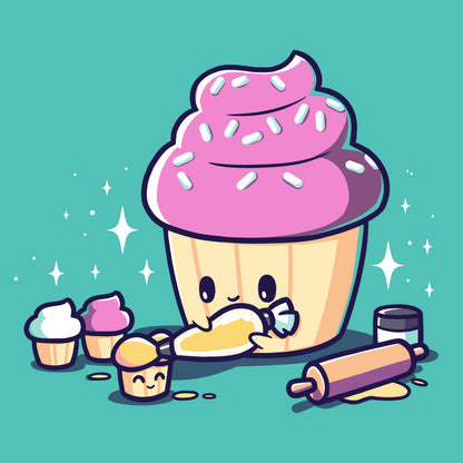 Premium Cotton T-shirt_Teeturtle Baking Cupcakes caribbean blue t-shirt featuring a big cartoon-styled cupcake putting icing on smaller cupcakes.