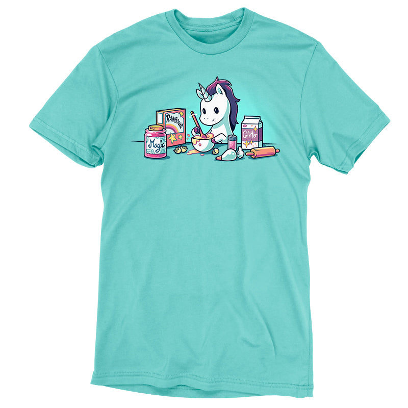 Premium Cotton T-shirt_Teeturtle Baking Unicorn Caribbean Blue Featuring a Unicorn baking with the ingredients of Magic, Rainbows and Glitter.