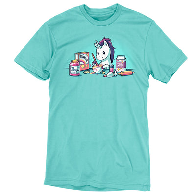 Premium Cotton T-shirt_Teeturtle Baking Unicorn Caribbean Blue apparel featuring a Unicorn baking with the ingredients of Magic, Rainbows and Glitter.