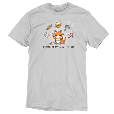 Premium Cotton T-shirt_TeeTurtle silver gray Baking Is My Meditation t-shirt featuring a peaceful fox in front of a bowl of batter holding baking tools with other baking tools floating around it in an arc.