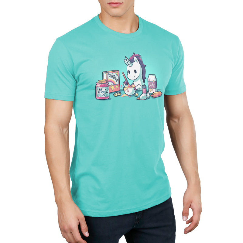 Premium Cotton T-shirt_Teeturtle Baking Unicorn Caribbean Blue t-shirt Featuring a Unicorn baking with the ingredients of Magic, Rainbows and Glitter.