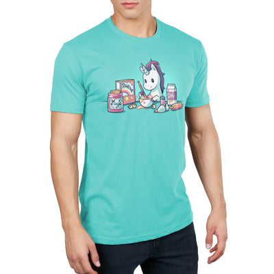 Premium Cotton T-shirt_Teeturtle Baking Unicorn Caribbean Blue apparel featuring a Unicorn baking with the ingredients of Magic, Rainbows and Glitter.