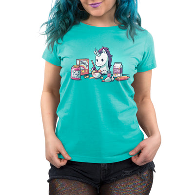 Premium Cotton T-shirt_Teeturtle Baking Unicorn Caribbean Blue apparel featuring a Unicorn baking with the ingredients of Magic, Rainbows and Glitter.