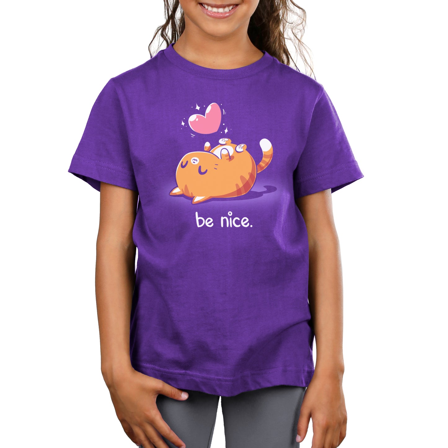 Premium Cotton T-shirt_Teeturtle Be Nice Purple Featuring a happy cat laying on its back with a sparkling heart above it and the words 'be nice.' below.