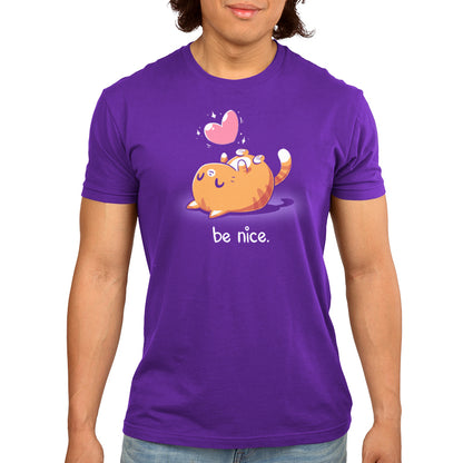 Premium Cotton T-shirt_Teeturtle Be Nice Purple Featuring a happy cat laying on its back with a sparkling heart above it and the words 'be nice.' below.