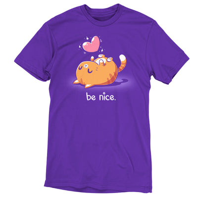 Premium Cotton T-shirt_Teeturtle purple Be Nice apparel featuring a happy orange cat laying on its back with a sparkling pink heart above it and the words 'be nice.' below.