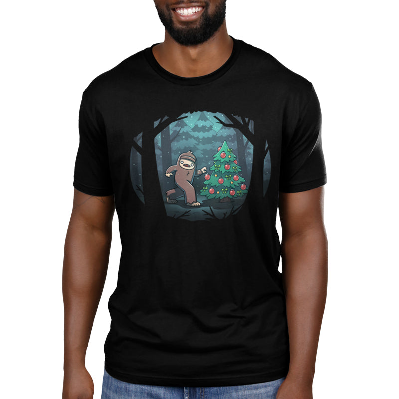 Premium Cotton T-shirt_TeeTurtle black Bigfoot Christmas apparel featuring a sasquatch caught putting holiday decor on a tree in the middle of a snowy forest.