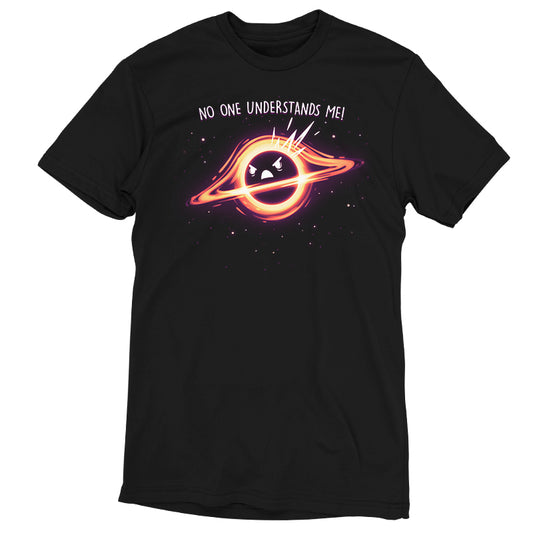 MonsterDigital's Black Hole Angst unisex tee featuring a graphic of a cartoon planet with a face, encircled by a ring, and the text 