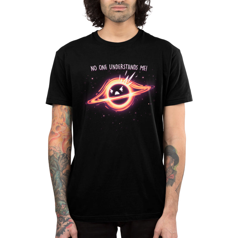 Premium Cotton T-shirt - Man in a monsterdigital Black Hole Angst ringspun cotton apparel featuring a graphic of an eye within a galaxy and the text "no one understands me!".