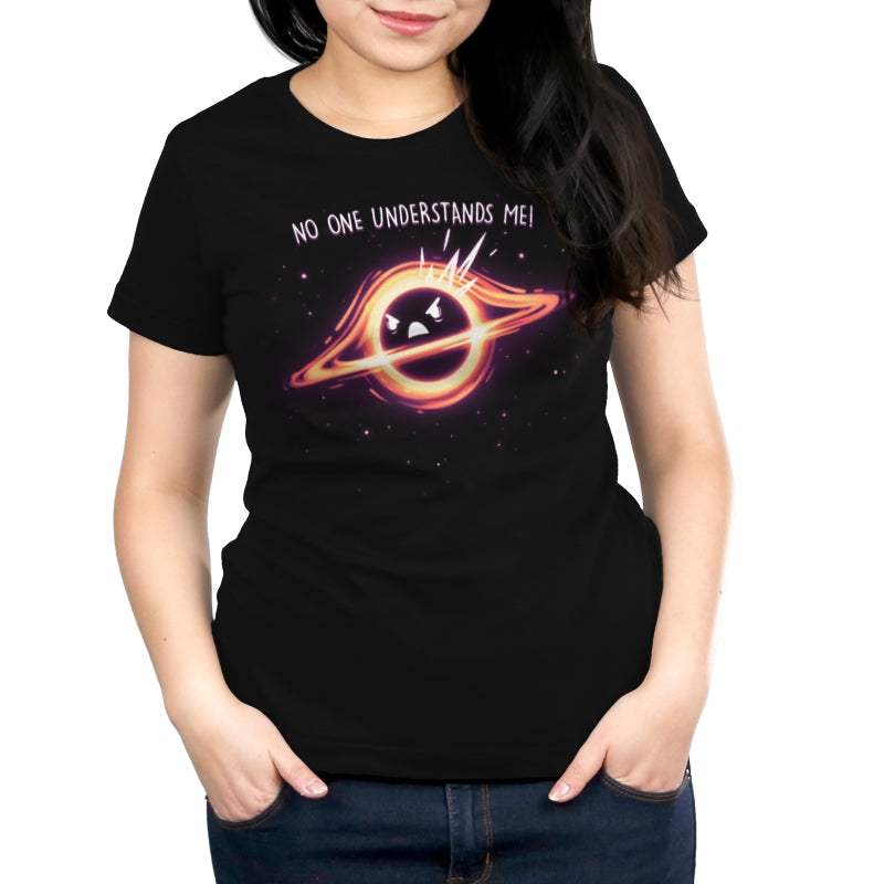 Premium Cotton T-shirt - Woman wearing a Black Hole Angst apparel from monsterdigital made of ringspun cotton with a graphic of a star inside a galaxy and the text "no one understands me!