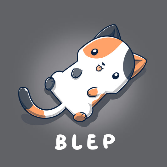 Illustration of a white and orange cat laying on its back with its tongue sticking out. The word 