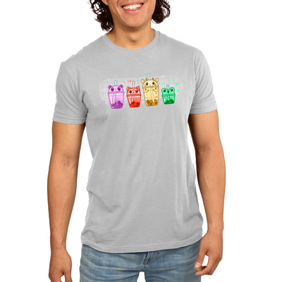 Premium Cotton T-shirt_TeeTurtle silver gray Boba Buddies apparel featuring boba tumblers with animal-themed lids in the order of a purple-colored panda, red-colored red panda, yellow-colored giraffe, and green-colored frog with boba in the same respective colors.