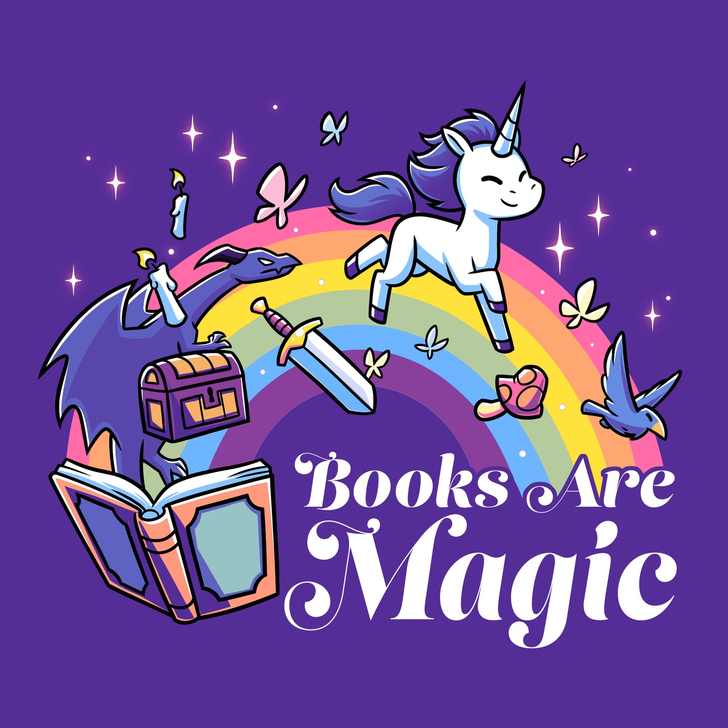 Illustration of a flying unicorn, open book, rainbow, treasure chest, sword, and birds. Sparkles and the text "Books Are Magic" appear on a purple background. Perfect for a Books Are Magic t-shirt by monsterdigital in Super Soft Ringspun Cotton.