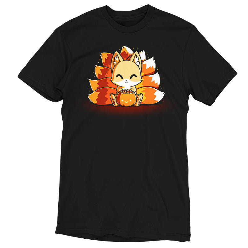 A black T-shirt featuring a cute Candy Corn Kitsune with nine tails, sitting and holding a pumpkin. Made from super soft ringspun cotton. Introducing the Candy Corn Kitsune by monsterdigital.