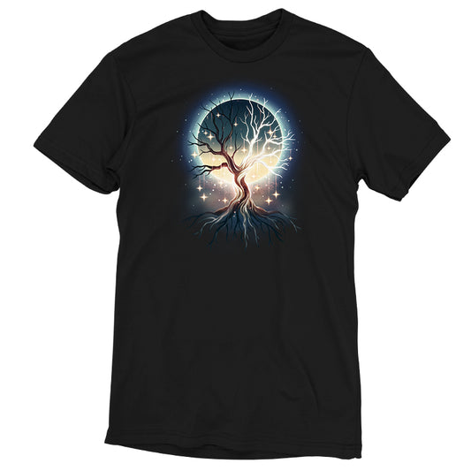 Premium Cotton T-shirt_TeeTurtle black Celestial Tree t-shirt featuring a floating tree with roots exposed with stars hanging from its branches and a full moon that can be seen in the background through the tree’s branches.