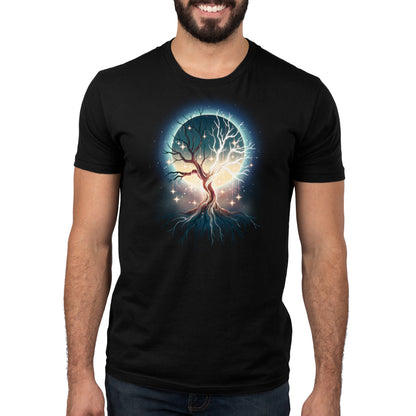 Premium Cotton T-shirt_TeeTurtle black Celestial Tree t-shirt featuring a floating tree with roots exposed with stars hanging from its branches and a full moon that can be seen in the background through the tree’s branches.