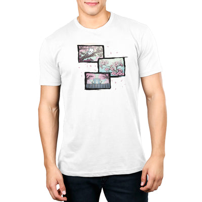 Premium Cotton T-shirt_TeeTurtle white Cherry Blossom Cats apparel featuring three panels, with the first one featuring a white cat sitting among the branches of a cherry blossom tree, the second one featuring a blooming cherry blossom branch, and the third one featuring two white cats sitting on a fence looking at cherry blossom trees.