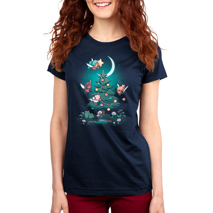 Premium Cotton T-shirt - featuring four little Christmas fairies flying around a tree in the woods decorating it with lights and ornaments