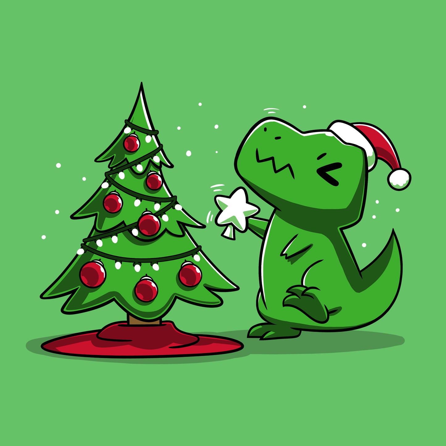 Premium Cotton T-shirt - A cartoon dinosaur wearing a Santa hat places a star atop a Christmas tree adorned with red baubles and lights. The background is an apple green, perfectly complementing our super soft ringspun cotton Christmas T-Rex apparel by monsterdigital.