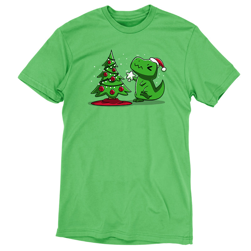 Premium Cotton T-shirt - Apple Green Christmas T-Rex by monsterdigital featuring a cartoon dinosaur in a Santa hat decorating a small Christmas tree, made from super soft ringspun cotton.