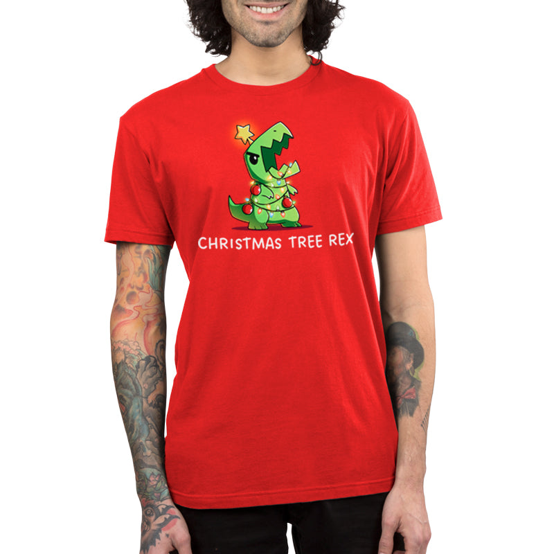 Premium Cotton T-shirt_TeeTurtle red Christmas Tree Rex apparel featuring a roaring t-rex tangled in holiday lights.