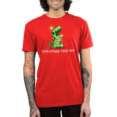 Premium Cotton T-shirt_TeeTurtle red Christmas Tree Rex apparel featuring a roaring t-rex tangled in holiday lights.