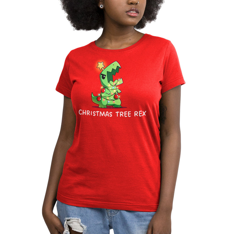 Premium Cotton T-shirt_TeeTurtle red Christmas Tree Rex apparel featuring a roaring t-rex tangled in holiday lights.