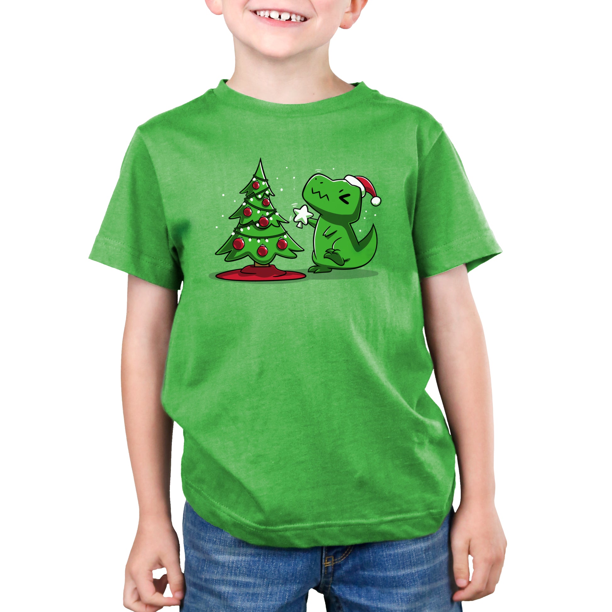 Premium Cotton T-shirt - A child wearing an apple green Christmas T-Rex apparel made from super soft ringspun cotton decorates a Christmas tree with the Christmas T-Rex by monsterdigital.