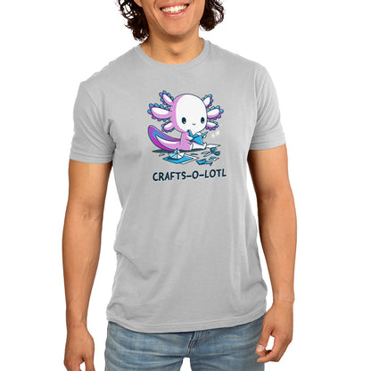 Premium Cotton T-shirt_TeeTurtle Crafts-O-Lotl Silver Gray t-shirt featuring a cute axolotl making origami crafts, surrounded by paper and completed pieces. Text below reads "CRAFTS-O-LOTL"