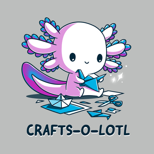 Illustration of a cute axolotl making origami crafts, surrounded by paper and completed pieces. Text below reads 
