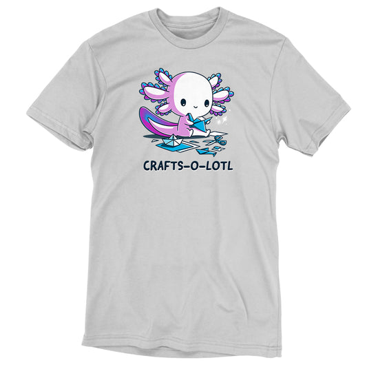 A light grey Crafts-o-lotl t-shirt featuring a cartoon axolotl making paper crafts, with the text 