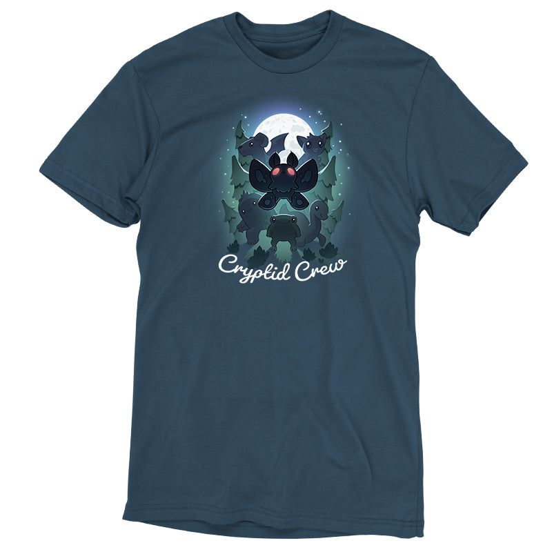 Premium Cotton T-shirt - Dark blue monsterdigital Cryptid Crew featuring a graphic of a bat-like creature with red eyes in front of a full moon, surrounded by bats and trees, printed on super soft ringspun cotton. The text 