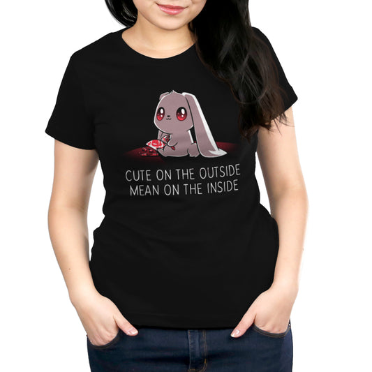 A woman wearing a monsterdigital Cute on the Outside, Mean on the Inside super soft ringspun cotton black unisex tee with a cute cartoon rabbit holding a bloody knife and text that reads, 