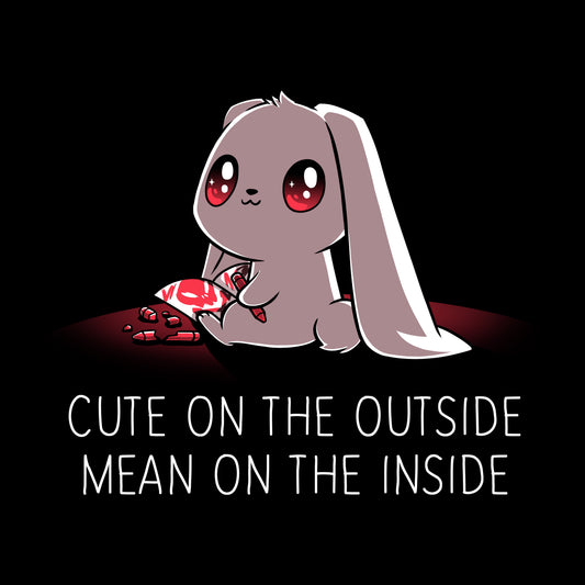 Illustration of a cute cartoon bunny with big eyes holding a red heart, with the text 